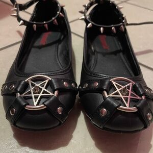 Demonia Black Flats with Silver Spikes and Pentagram